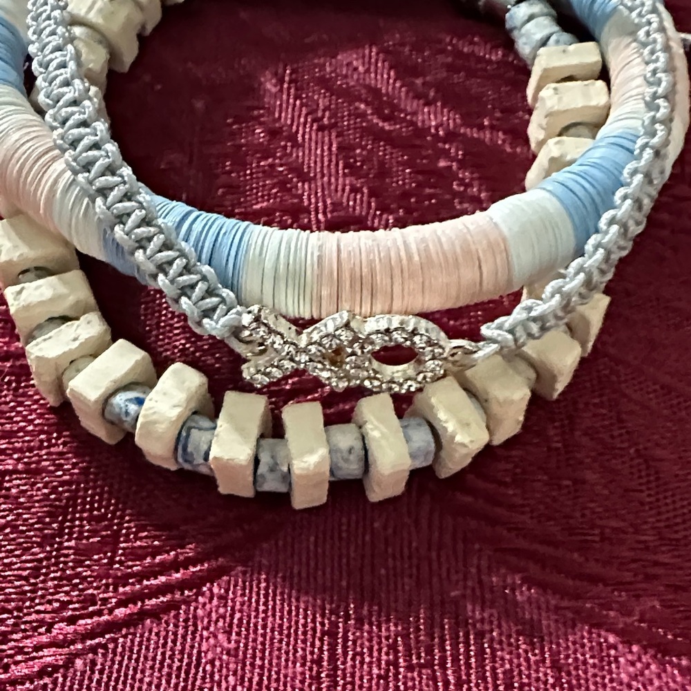 Ocean Inspired Silver and Multi-Color Stone Beads and Crochet Bracelet Set